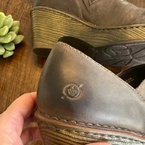 Born | “Skathi” Brown Distressed Leather Heeled Clogs with Braided Band - Picture 6 of 10